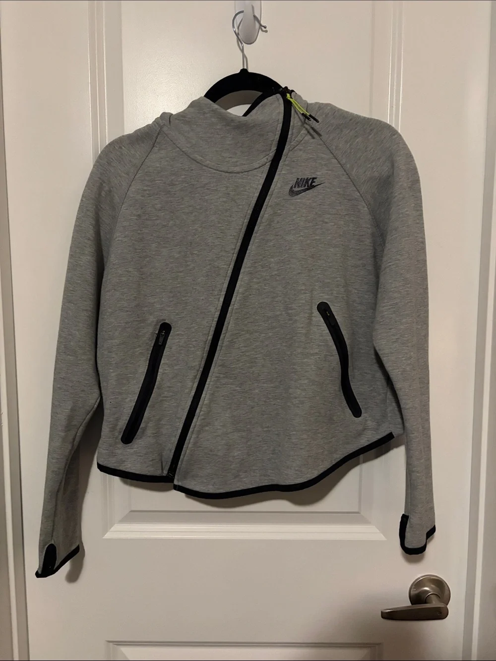 Nike Tech Fleece Grey Asymmetric Zip Bomber Jacket with Black Trim